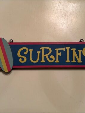 Coastal Surfing Wood Wall Sign in Blue, Yellow & Pink